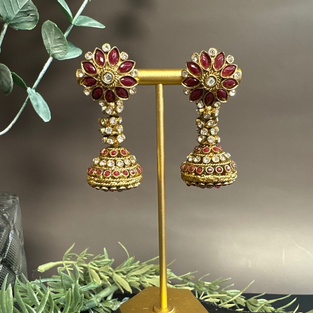 Gold Tone Jhumka Earrings Red Rhinestone | Indian Style Drop Earrings | Boho